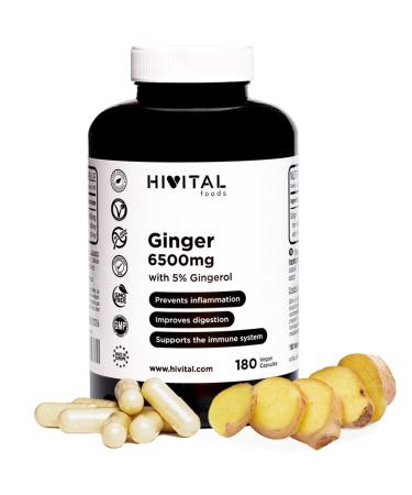 Ginger 6500 mg. 180 vegan capsules for 6 months. Natural extract with 5% gingerols providing 32.5 mg per capsule. Prevents inflammation and improves digestion and immune system