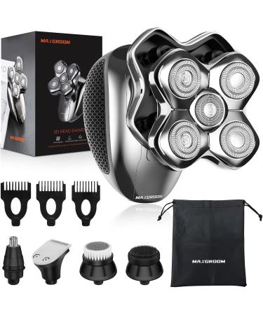 Magnetic Detachable Head Shavers for Bald Men MAXGROOM 5 in 1 Waterproof 5D Head Razor for Men Wet/Dry Shaving with LED Display USB Rechargeable & Travel Pouch Silver