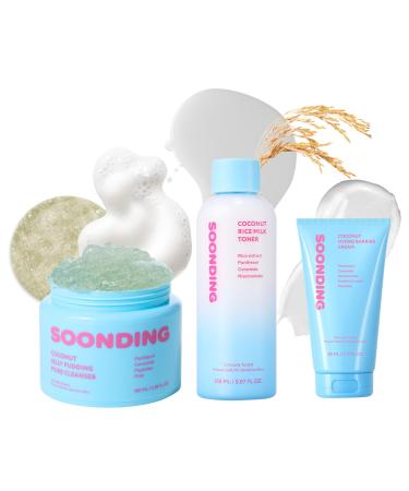 SOONDING Coconut Korean Glass Prep Skincare Set - Coconut Jelly Pudding Pore Cleanser Rice Milk Toner Hydro Barrier Cream