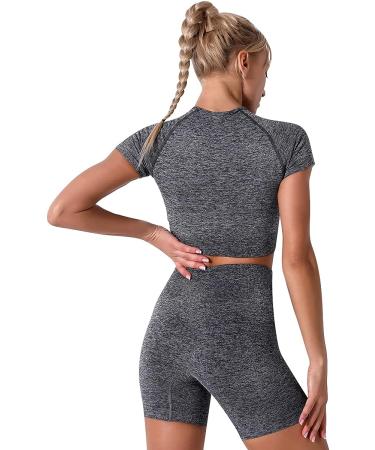 Women Seamless Yoga Outfits 2 Piece Set | Short Sleeve Crop Top & High Waisted Shorts | Activewear Set - Gray (Large) - Buy Online on GoSupps.com