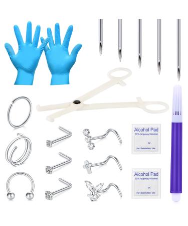 18PCS Nose Piercing Kit,JIESIBAO Piercing Needles with 18G 20G CZ Nose Screw Studs Double Nose Rings Hoop Captive Nose Rings Stainless Steel Jewelry for Nose Septum Piercing Needles Kit 5-18pcs