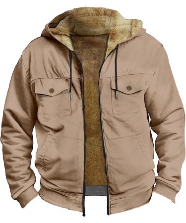 Hanxiulin Oversize Plush Jacket for Men | Warm Lined Fleece Cardigan Light Quilted Coat with Hood - Beige XXL - Buy Online on GoSupps.com