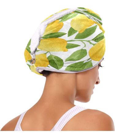 Watercolor Lemons Dry Hair Cap & Quick Drying Towel Set - Super Absorbent Soft Comfortable | 2 Piece Button Headband - Buy Online on GoSupps.com