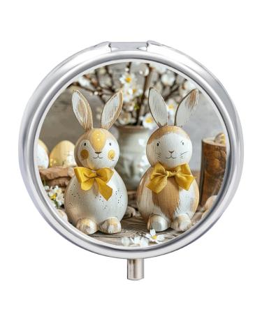 Pill Box Pill Case 3 Compartment Travel Pill Box Two Rabbit Statues Printing Small Pill Box Portable Medicine Pill Case Pill Organizer for Purse & Pocket for Travel Handbag (Round)