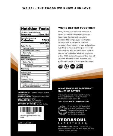 Terrasoul Superfoods Organic Pecans 11 Oz - Mammoth Halves | Fresh & Raw - Buy Online on GoSupps.com