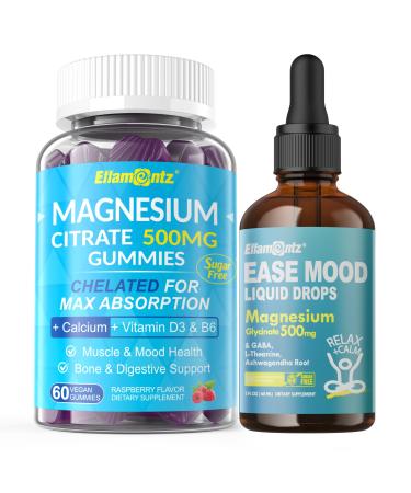 2 Pack Magnesium Citrate Gummies 500mg for Women Men Sugar-Free + Magnesium Glycinate Liquid Drops for Kids Adults