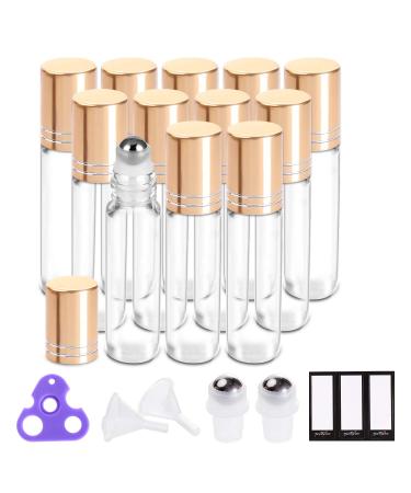 PrettyCare Essential Oil Roller Bottles 10ml (Clear Glass Bottle with Gold Cap 12 Pack 2 Extra Stainless Steel Balls 24 Labels Opener Funnels Roller Balls for Oils Roller on Bottles Clear with Gold Caps