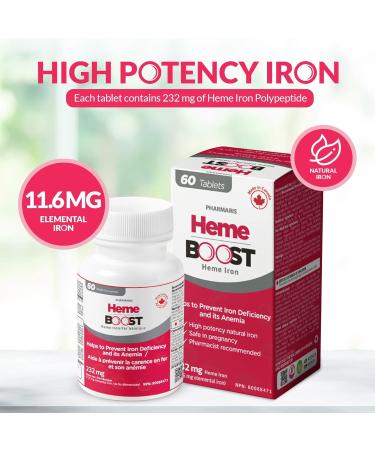 Hemeboost 11.6mg (232mg Heme Iron) 60 Tablets - High Potency Natural Iron Supplement for Adults & Pregnancy - Gentle on Stomach with High Absorption - Buy Online on GoSupps.com