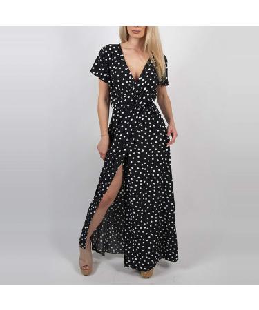 Hemlock Women's V-Neck Short Sleeve Maxi Dress | Printed Summer Beach Dress | Plus Size XX-Large Black - Buy Online on GoSupps.com
