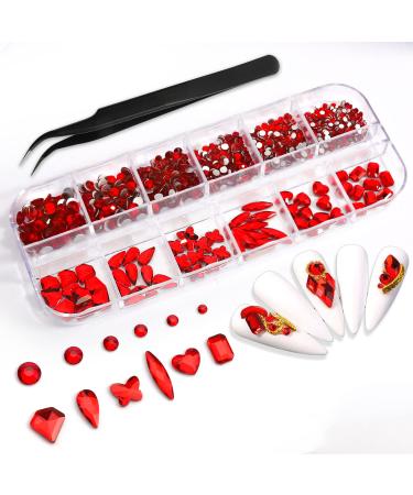 Red Multi Shapes Glass Crystal Nail Gems And Rhinestones(760 Pcs)  Mix 6 Sizes Flatback Crystals 3D Decorations For Nail Art Craft With Tweezer by LOEHAVIT. Red Diamond