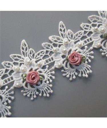 1 Yard Vintage Cotton Eyelash Pearl Flowers Leaf Embroidered Lace Trim Fabric Floral Appliques Lace Ribbon Bridal Ornaments Handmade DIY Sewing Supplies Craft For Costume Hat Decoration 2.75" Wide