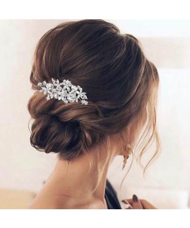 Olbye Wedding Hair Comb Rhinestone Hair Accessories Bridal Hair Pieces Flower Bride Hair Clips Silver Crystal Headpiece Bridesmaids Hair Side Combs Brides Accessories for Women (Silver)