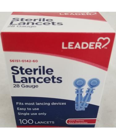 Leader Sterile Lancets Ultra Thin 28 Gauge Single Use Universal Designed for Diabetic Blood Glucose Testing 100 Count Per Box Lancets 1-Box
