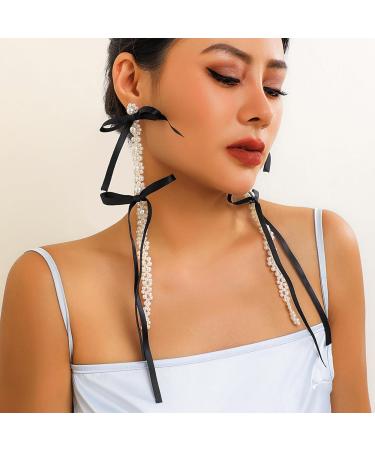 Feyley Earrings - Elegant Bow Pearl Charm Tassel Jewelry for Women & Girls | Perfect Gift in Black - Buy Online on GoSupps.com