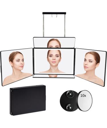Upgraded 5 Way Mirror Add Top&Bottom Mirrors for Self Hair Cutting - 360  Mirror with LED Lights - Trifold Mirror with Height Adjustable Telescoping Hooks+10X Magnification Mirror  for Makeup  Barber