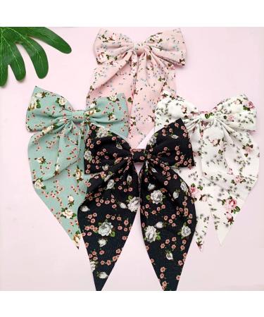 Floral Hair Bows Set - Women/Girls Barrettes Clips - Hair Accessories in White/Pink/Blue/Black (4pcs) - Buy Online on GoSupps.com