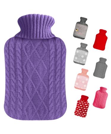 Hot Water Bottles with Cover UK 2L Hot Water Bag Large for Pain Relief Neck Feet Back Period Kids Small Hot Water Bottle with Elegant Knitted Covers Bed Warmer Foot Warmer Purple