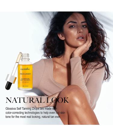 Glossiva Self Tanning Drops - Long Lasting Glow Sunless Tanner for Face and Body - Natural Gradual Glow, No Orange Tones or Fake Tan Smell - Streak-Free Formula - 30ml - Buy Online on GoSupps.com