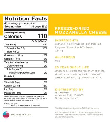 Nutristore Freeze Dried Mozzarella Cheese Shredded - 20 Large Servings | Premium Quality & Amazing Taste | Perfect for Camping & Survival - 1-Pack - Buy Online on GoSupps.com