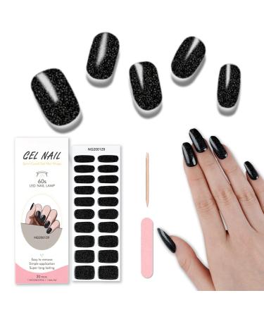 Semi Cured Gel Nail Strips 20 Pcs Gel Nail Polish Wraps Sticker for Salon-Quality Manicure Set Long Lasting Easy to Apply & Remove with Nail File & Wooden Cuticle Stick(Black Glitter)