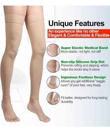 Footless Thigh High Compression Stockings - Unisex 20-30mmHg Gradient Compression - Silicone Band - XL Beige - Buy Online on GoSupps.com