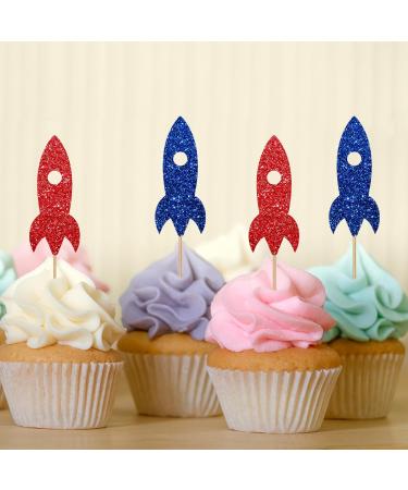 Rocket Ship Cupcake Toppers Space Astronaut Party Cake Decor Red&Blue Glitter Cake Decorations for Boy's Birthday 1st Birthday/Outer Space Theme Party Supplies - 24pcs - Buy Online on GoSupps.com