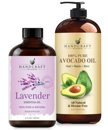 Handcraft Blends Calming Moisture Set: Avocado Oil (16 Fl Oz) and Lavender Essential Oil (4 Fl Oz) 100% Pure & Natural for Relaxing Massage and Dry Skin Relief