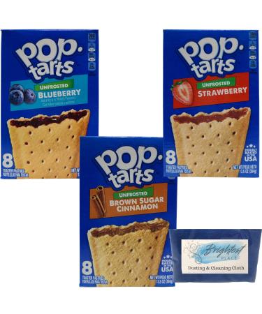 Variety Bundle of 3 Boxes Unfrosted Pop Tarts: Flavors are Blueberry, Brown Sugar Cinnamon, and Strawberry plus Brightest Place Clean Up Cloth