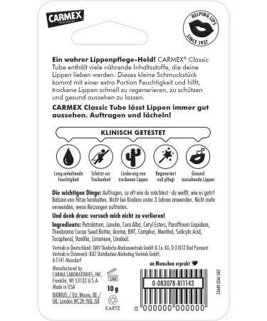 Carmex Classic Tube - Lip Balm for Dry Lips - Moisturizing and Soothing for Chapped Lips - With Vaseline Vitamin E and Beeswax - 12 x 10 g - Buy Online on GoSupps.com