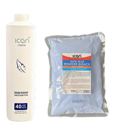 ICAN LONDON PROFESSIONAL CREAM PEROXIDE 40 VOL 12% 1000 ML + DUST FREE BLUE POWDER BLEACH 500 G SET
