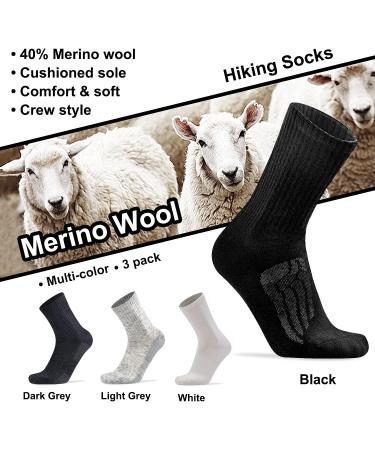 Men's Merino Wool Hiking Crew Socks 3-Pack - Warm & Thick Outdoor Athletic Socks (L-XL, Black/White/Light Grey) - Buy Online on GoSupps.com