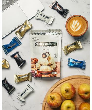 Dates Stuffed with Almonds and Coated with Chocolate 100G. Discover an exquisite fusion between oriental tradition. (White Chocolate) - Buy Online on GoSupps.com