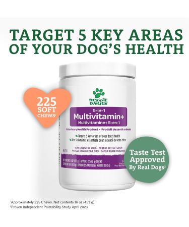Doggie Dailies 5 in 1 Multivitamin for Dogs - 225 Soft Chews - Dog Multivitamin for Skin and Coat Health Joint Health Improved Digestion (Peanut Butter) Peanut Butter - Bilingual Packaging - Buy Online on GoSupps.com