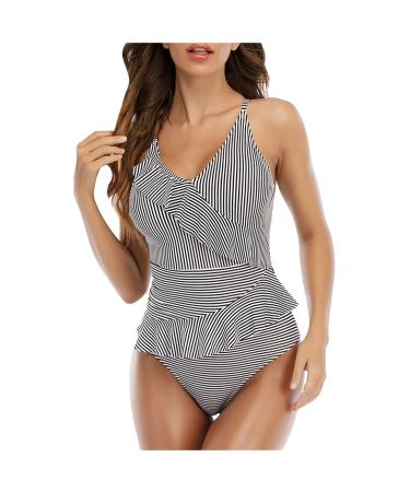 Routinfly summer overall bathroom clothing for women with a V-neck sling tank sets striped printed ruffled abdominal control swimming suits XL white