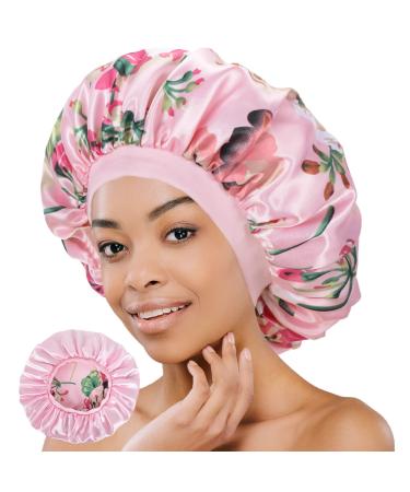 Luvruitaky Silk Bonnet for Sleeping Double Layer Satin Bonnets for Black Women Men Adjustable Wide Band and Extra Large Bonnets for Curly Braid Hair (X-Large  Pink Flower) X-Large Pink Flower