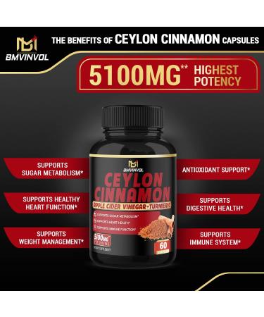 Ceylon Cinnamon Capsules - 5100mg Herbal Supplement with Apple Cider Vinegar, Turmeric, Ginseng & Berberine for Antioxidant Support - Buy Online on GoSupps.com