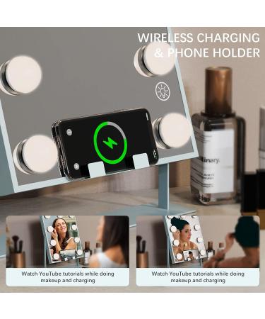FTOYIN Lighted Vanity Mirror with Wireless Charge - Hollywood Style with 9 Dimmable LED Bulbs and 3 Color Modes, 5X Magnification - Buy Online on GoSupps.com