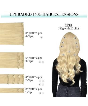 Buy Doores Extensions Real Hair - Bleach Blonde 40cm 16 inch Clip-In Extensions | 9 Pieces 150g Remy Human Hair for Thick Natural Look #613r - Buy Online on GoSupps.com