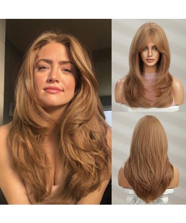 Uevies strawberry blonde smooth layered synthetic wig naturally real -looking for women with pony 26 inches shoulder length Halloween cosplay party for everyday use turmeric ae
