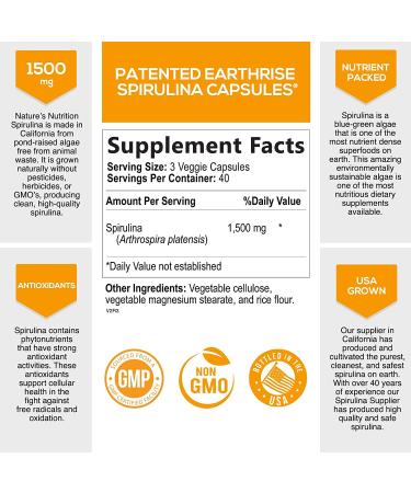 Premium 1500mg Spirulina Capsules - Antioxidants, Protein, Fatty Acids, Fiber & Vitamins - Non-GMO & Vegan - 120 Capsules - Buy Online on GoSupps.com