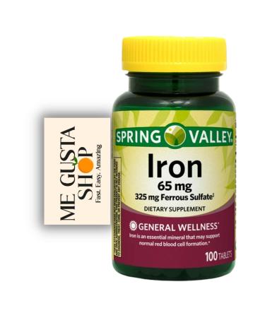 Spring Valley Iron Tablets Dietary Supplement Value Size 65 mg 100 Count (Pack 01) 100 Total + Me Gustas Sticker