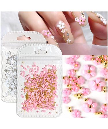 Dornail White Pink 3D Acrylic Flower Nail Charms With Pearl Golden Caviar Beads Nail Art Accessories Nail Designs for DIY Nail Decorations Nail Art Supplies
