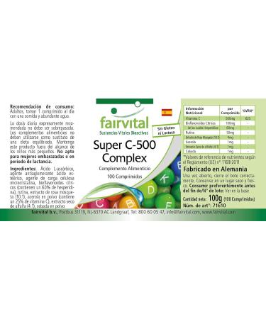 Fairvital | Super C-500 complexe Fortement dos 500 mg de vitamine C avec des bioflavono des 100 comprim s v g tariens - Buy Online on GoSupps.com