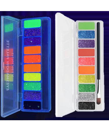 Lot de 10 fards paupi res fluorescents paillettes fluorescentes - N on UV - Mat - Paillettes color es et cr meuses - Avec pinceau - Brillance sous lumi re UV