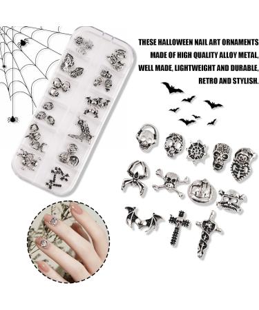 3D Halloween Nail Art Charms 1Box 12Grids Skull Pumpkin Bat Spider Web Cross Alloy Nail Art Jewelry Decoration Silver Nail Gems Rhinestones Nail Supplies for Nail Design DIY Crafts (B Pattern) - Buy Online on GoSupps.com