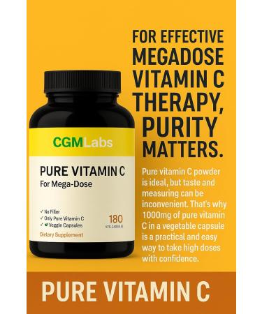 Mega Dose Pure Vitamin C 1000 mg 180 Easy-to-Swallow Veg Capsules by CGM Labs - Buy Online on GoSupps.com