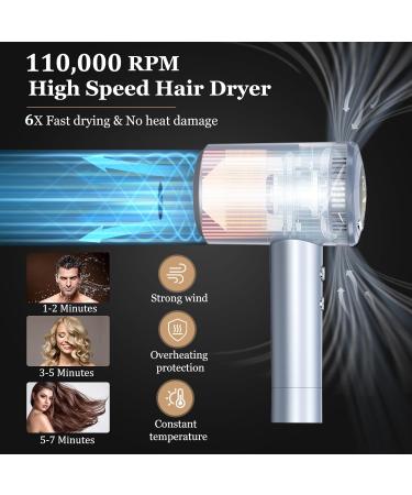 Hair Dryer TECHMERI Ionic Blow Dryer 110 000 RPM High-Speed Brushless Motor Professional Hair Blow Dryer for Fast Drying Thermo-Control Hair Dryers with Nozzle LCD Display Silver Blue - Buy Online on GoSupps.com