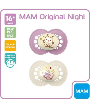 MAM Original Night Pacifier Set of 2 - Luminous Rubber 16+ Months Pink with Cover Buy Internationally! - Buy Online on GoSupps.com