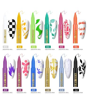 12 Color Nail Art Pens Set | 3D Nail Polish Design Kit for DIY Nail Art | Graffiti Dotting Liner Pen for Girls & Ladies - Buy Online on GoSupps.com
