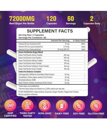 Beef Organ Supplement for Women (Liver Kidney Uterus Heart & 4 More) with Ashwagandha DIM Vitamin & Black Cohosh Grass Fed Beef Liver Capsules for Endocrine Balance Energy 120 Capsules 120 Count (Pack of 1) Purple - Buy Online on GoSupps.com
